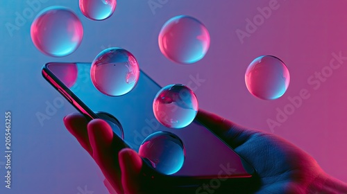 Hand holding phone with translucent spheres floating above in neon light