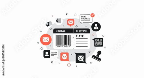 Digital Shipping Label and E-commerce Logistics Icon Set for Online Delivery, Barcode and QR Code Tracking Concept Illustration