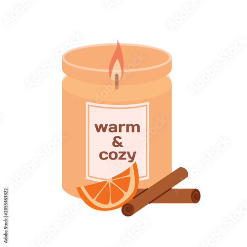 Warm and Cozy Candle. Hygge Home Decor Illustration.