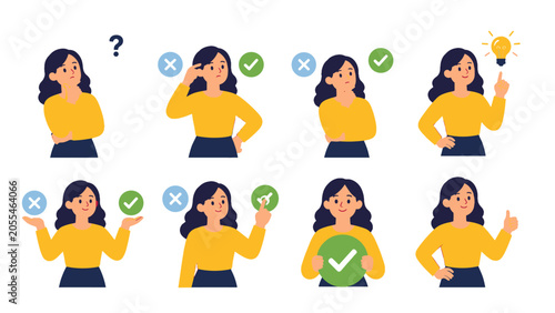 Konstfotografi Set of woman thinking choosing and approving flat vector poses