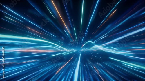 Glowing blue and orange light streaks racing through a dark digital tunnel motion video clip