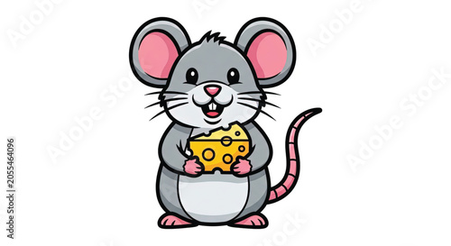 Cartoon mouse holding yellow cheese.