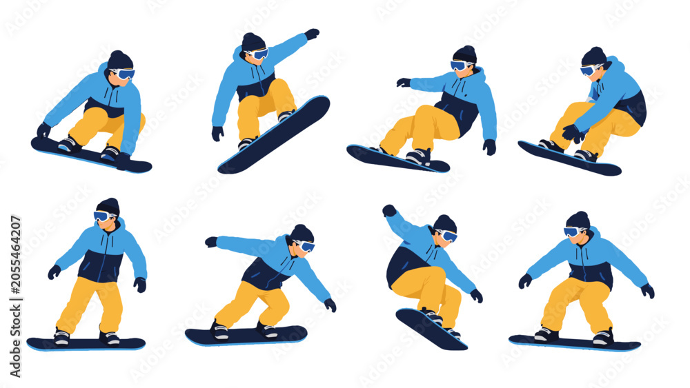 Naklejka premium Set of snowboarder poses in flat vector style