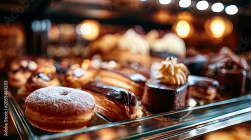 Assortment of tempting, decadent pastries, ?clairs, and donuts in display