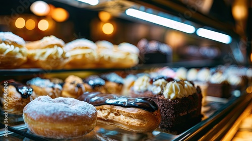 Delicious pastries displayed in a warm, inviting bakery case