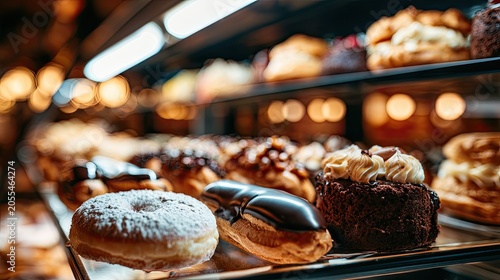 Rows of delectable pastries, donuts, and cakes displayed under warm lighting