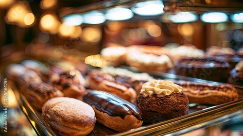 Close-up of various sweet pastries displayed in a brightly lit confectionery case