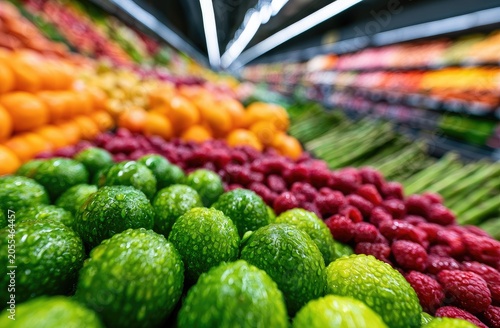 Close-up, vibrant, wet produce display limes, raspberries, oranges, asparagus