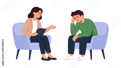 Tableau sur toile Therapist speaking with worried man in counseling session
