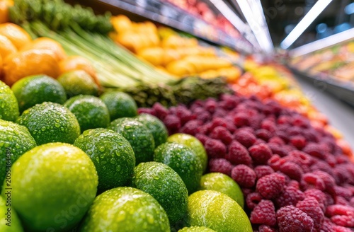 Fresh, vibrant produce display limes, raspberries, oranges, and green vegetables