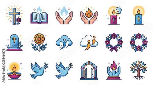 Bilde på lerret Religious and Memorial Icon Set: Faith, Hope, Peace, and Remembrance Symbols