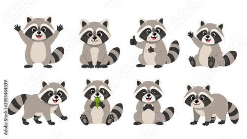 Obraz na płótnie Cute cartoon raccoon characters set in different poses