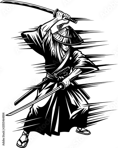 Samurai warrior in motion with katana swords during a dynamic battle against a blurred background vector silhouette Isolated on white background
