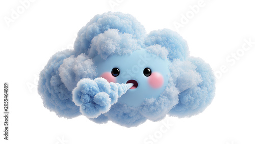 Foto Isolated adorable fluffy blue cloud character blowing a stream of soft particles