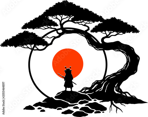 Samurai warrior with sword standing beneath bonsai tree against sun during sunset Vector Silhouette Isolated on white background