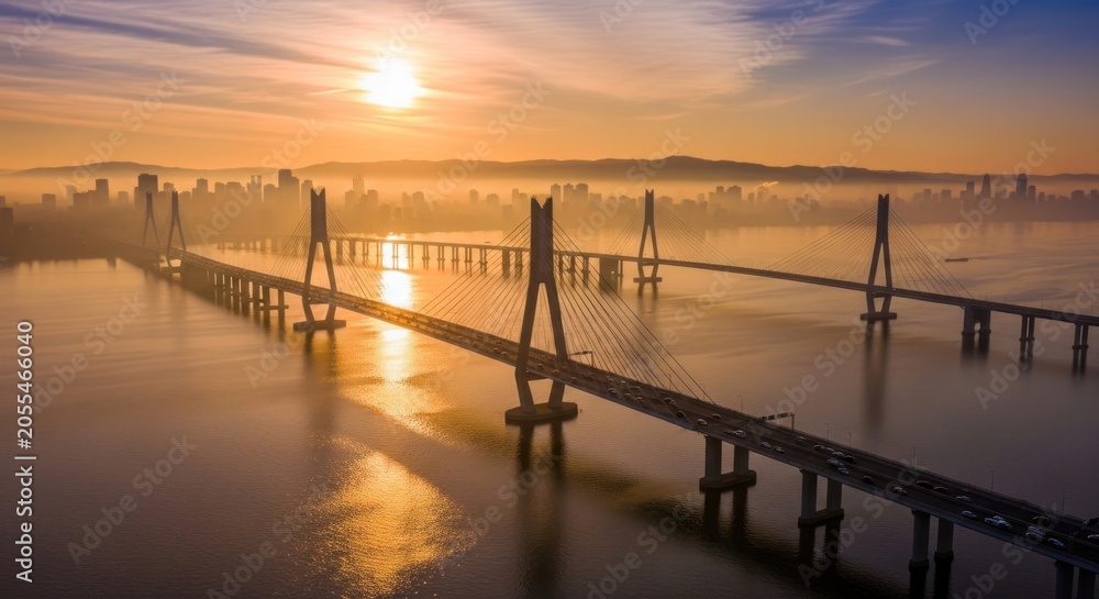 Obraz premium Sunset over a serene bridge landscape.