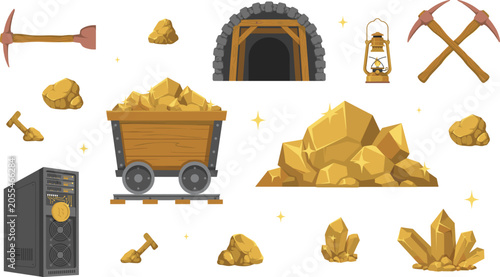 Gold Mining and Cryptocurrency Bitcoin Rig Element Set with Mine Entrance, Cart, Crystals, Pickaxes, and Golden Nuggets for Financial Concepts