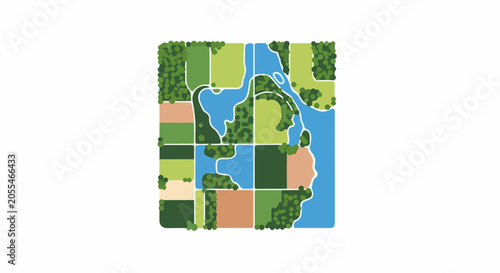 Abstract aerial view of a grid of fields with water and trees