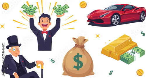 Successful Wealthy Man and Rich Billionaire Characters Vector Set with Luxury Red Sports Car, Money Sack, Gold Bars, and Cash Bundles.