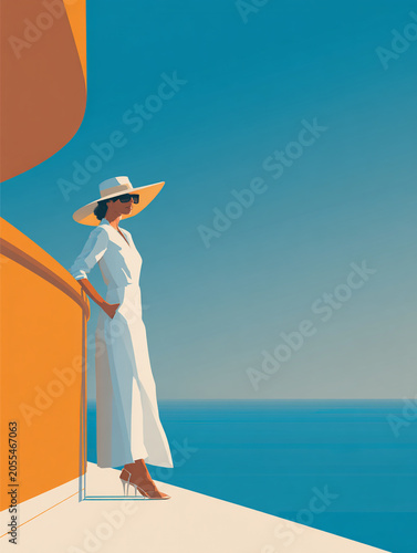 Minimalist illustrations of an elegant woman in a white dress and sun hat standing on an orange and blue yacht, gazing out at the vast sea horizon under a clear sky.