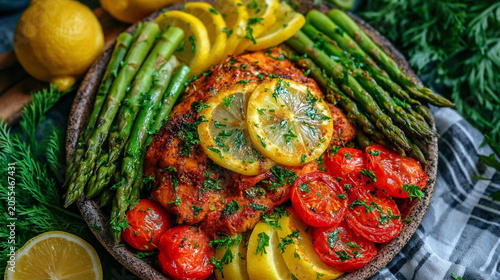 Grilled chicken fillet with fresh asparagus, roasted tomatoes and lemon slices, asparagus