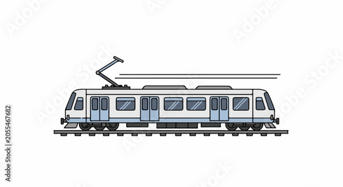 A modern electric train with blue doors and windows runs on railway tracks