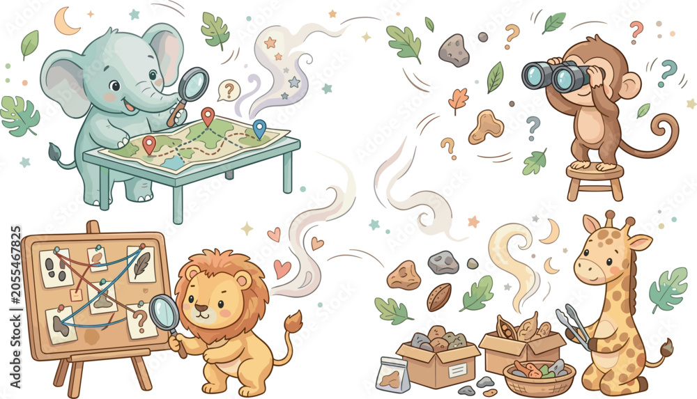 Fototapeta premium Cute Animal Detectives and Explorers Clipart Collection featuring Baby Elephant, Lion, Monkey, and Giraffe Investigating Clues for Children Educational Activity Graphics