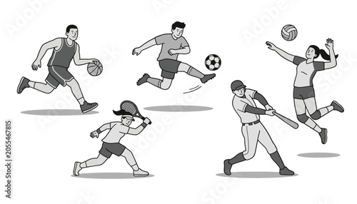 Diverse group of athletes playing various sports including basketball soccer volleyball tennis and baseball in action.
