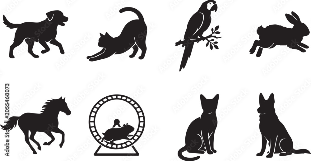 Fototapeta premium Domestic pets and animals silhouettes set featuring dogs cats parrot rabbit horse and hamster running on wheel