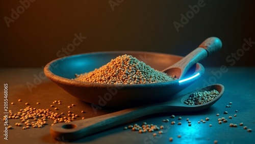 Wooden spoons and bowl filled with mustard seeds yellow seeds