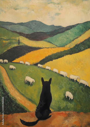 Artistic painting of a black dog watching a flock of sheep grazing on rolling hills