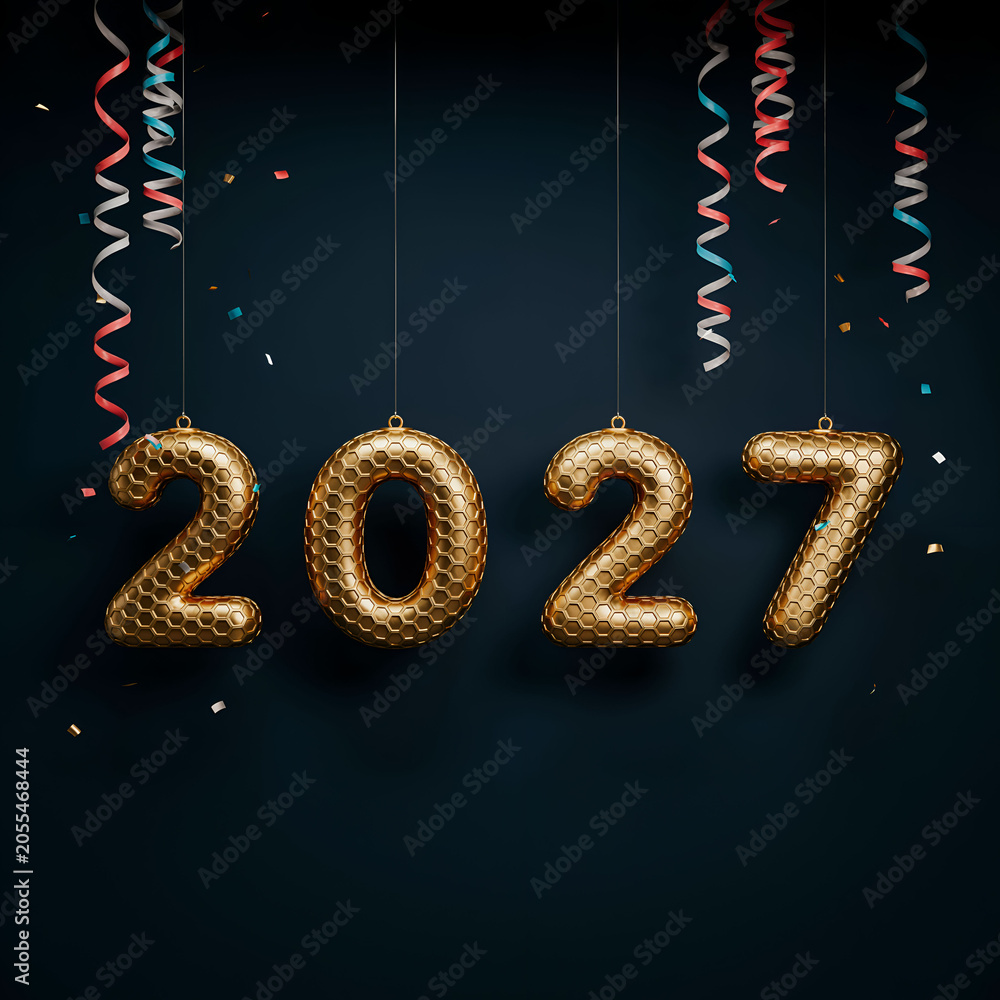 Obraz premium 2027 golden balloons with colorful streamers on black
