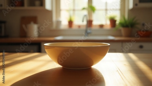 Yellow bowl on wooden table in sunlit kitchen image