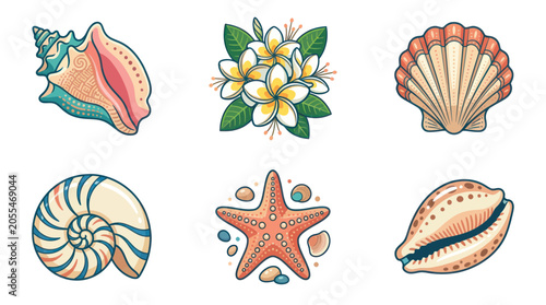 Konstfotografi Tropical Seashells and Flowers Collection - Beach and Ocean Icons