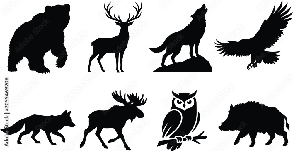 Obraz premium Forest wildlife silhouettes and wild animal vector icons including grizzly bear, deer, howling wolf, flying eagle, fox, moose, owl, and wild boar