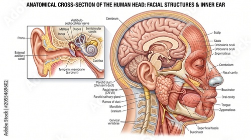 human head facial structures inner ear ear skull brain cerebrum cerebellum nasal cavity oral cavity tongue mandible zygomaticus buccinator parotid gland salivary gland facial nerve
