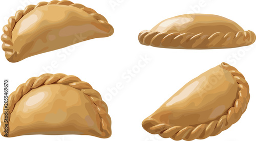 Bild auf Leinwand Set of Golden Baked Empanadas in Different Angles, Realistic Pastry Vector Illus