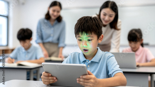 Schüler lernt fasziniert mit einem Tablet im Klassenzimmer