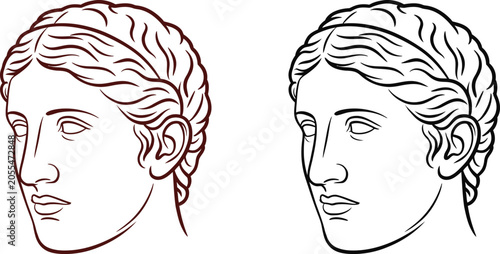 Schilderij op canvas Ancient Greek Goddess Head Illustrations, Female Bust Line Art, Red and Black Ve