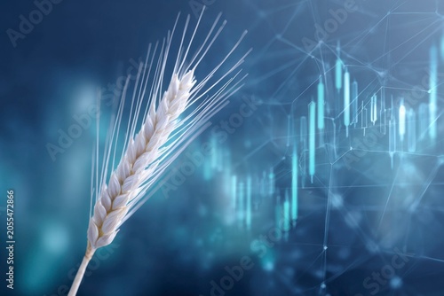 a digital hologram of a stock market graph and a wheat ear, with a blue color scheme.