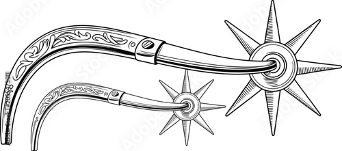 Bild auf Leinwand Western spurs, metal cowboy spur, star wheel, silver tone, vector illustration,