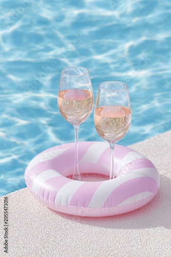 two glasses with wine on top of an inflatable pink and white striped ring floating in the pool, evoking summer vibes.