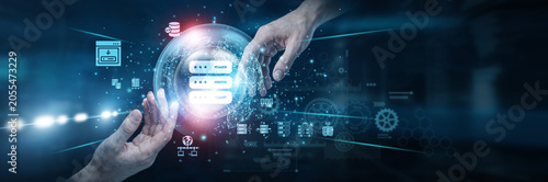 Konstfotografi Provider Hands of human touching on hosting network connection, server infrastructure enabling website storage uptime performance security data management online services