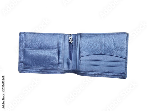 Blue Leather Wallet Open Display with Card Slots and Zipper Pocket