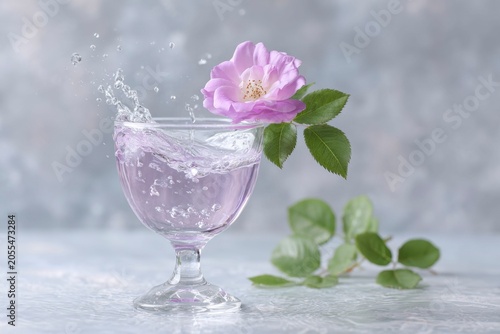 photograph of a glass wine cup with a rose flower in it. water splashes around. the background is a grey color.
