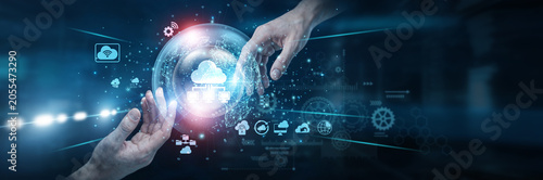 Billede på lærred Engineer Hands of human touching on cloud computing network connection, virtual systems enabling data storage scalability remote access computing resources digital infrastructure