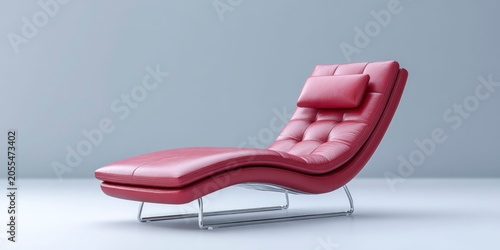 modernist chaise longue, stainless steel and red leather, dramatic lighting from behind