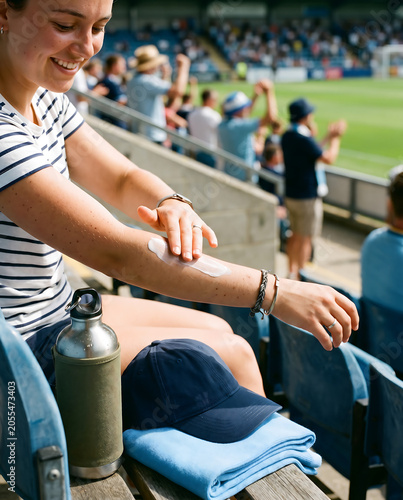 Woman applying sunscreen at stadium, sun protection, summer outdoor event, sports fan, skincare, healthy lifestyle, with copy space, travel, vacation, lifestyle