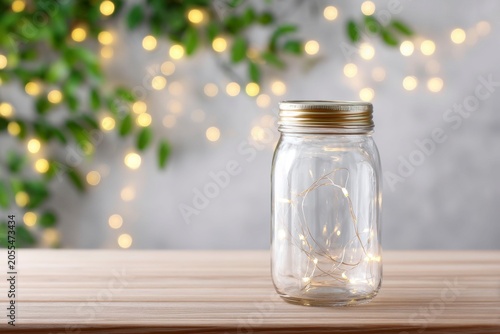 vintage jar with fairy lights on a wooden table against a blurred background of a light garland