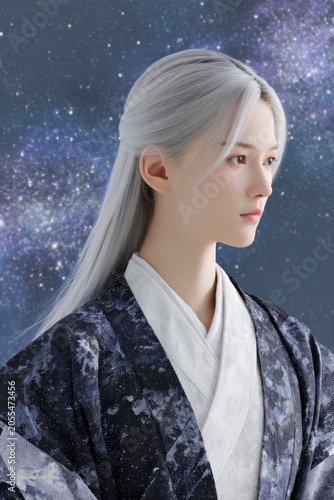 white hair, long ponytail, male character wearing hanfu with blue starry sky background, dark and black tones.